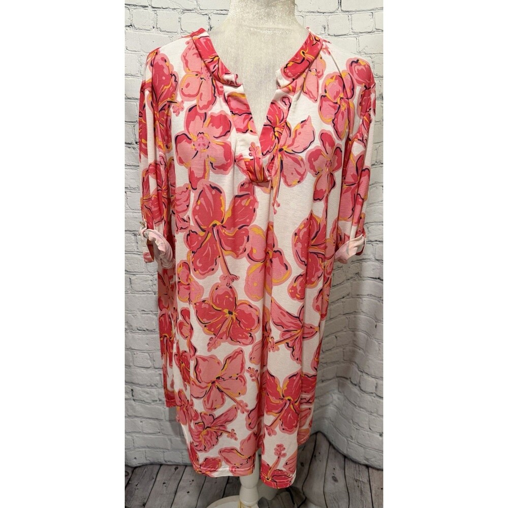 Simply Southern pink and white hibiscus floral print dress Size Large